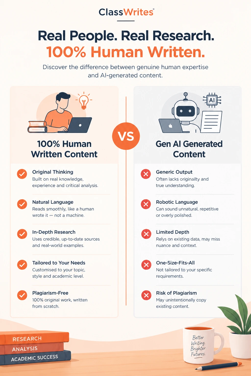 Comparison of human writer and generic AI output